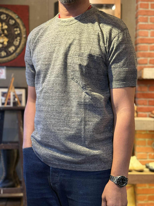 Pure Blue Japan Knitted Ribbed Cuff Pocket Tee - Dark Heather Gray