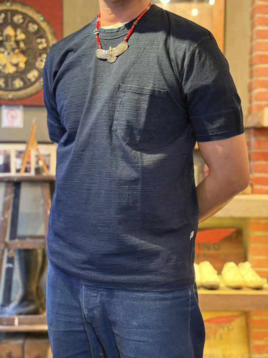 Pure Blue Japan Knitted Ribbed Cuff Pocket Tee - Indigo