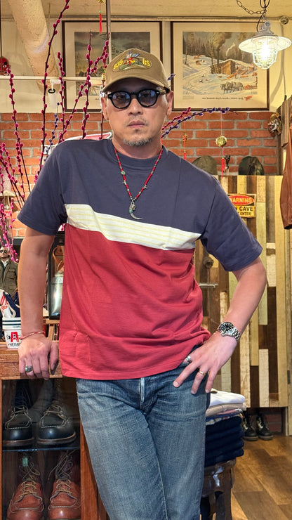 Warehouse & Co Lot 4112 Panel Border Tee - Navy x Bordeaux