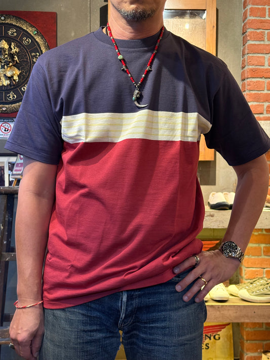 Warehouse & Co Lot 4112 Panel Border Tee - Navy x Bordeaux