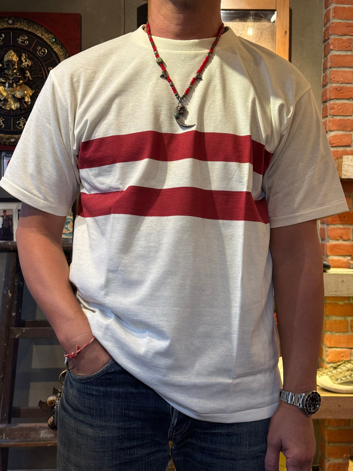 Warehouse & Co Lot 4112 Panel Border Tee - Off x Bordeaux