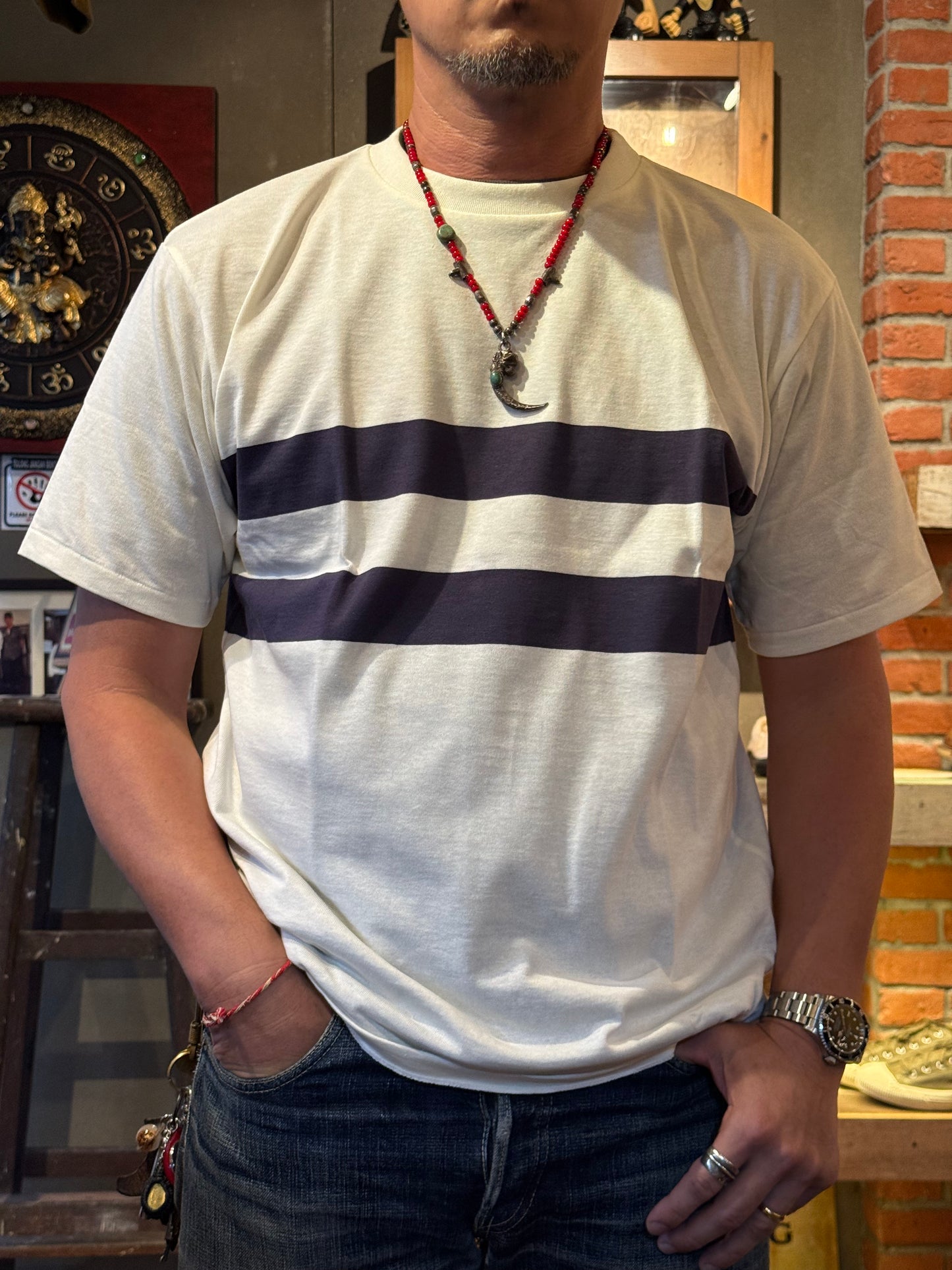 Warehouse & Co Lot 4112 Panel Border Tee - Off x Navy